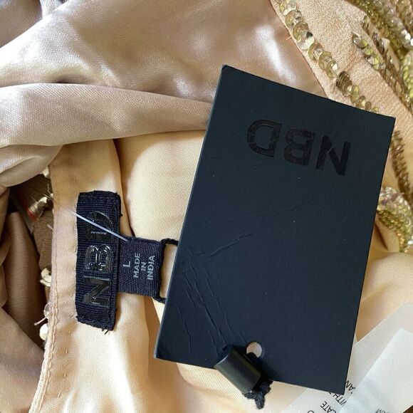 NBD Tristan Sequin Mini Dress Gold Nude Bow Back Revolve NWT $368 SZ L - Picture 11 of 16